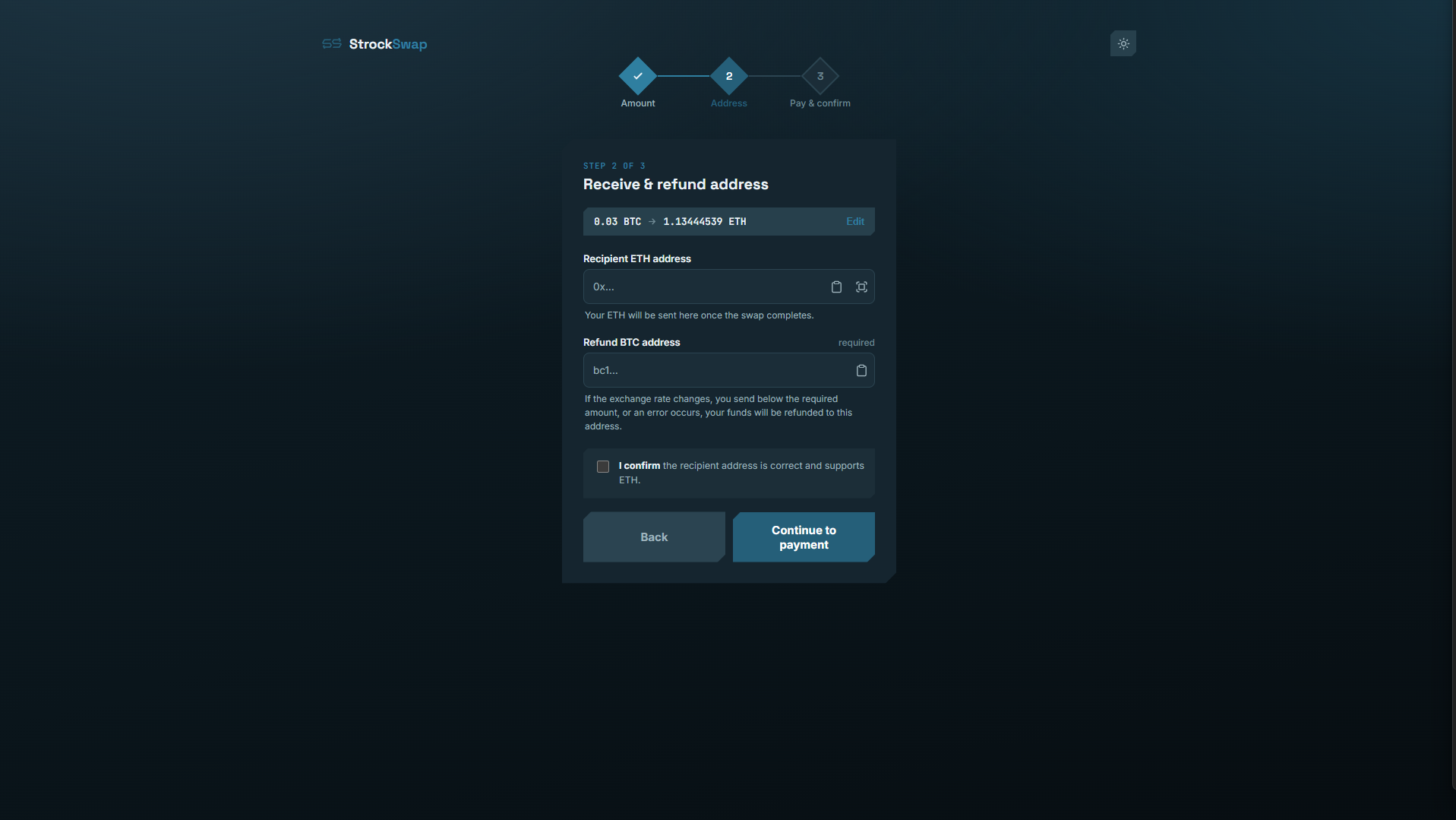 StrockSwap.com receiving and refund address page created by Isaac Strock